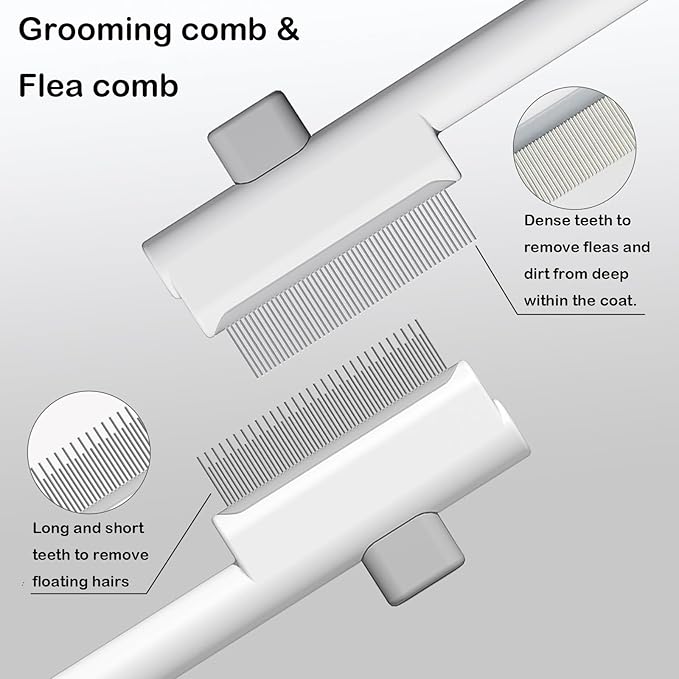 Pet Grooming Combo - Flea Comb(Dense Teeth) and Pet Hair Removal Comb(Long & Short Stainless Steel Teeth) with Release Button for Grooming Massaging and Cleaning Remove Fleas on Cat and Dog