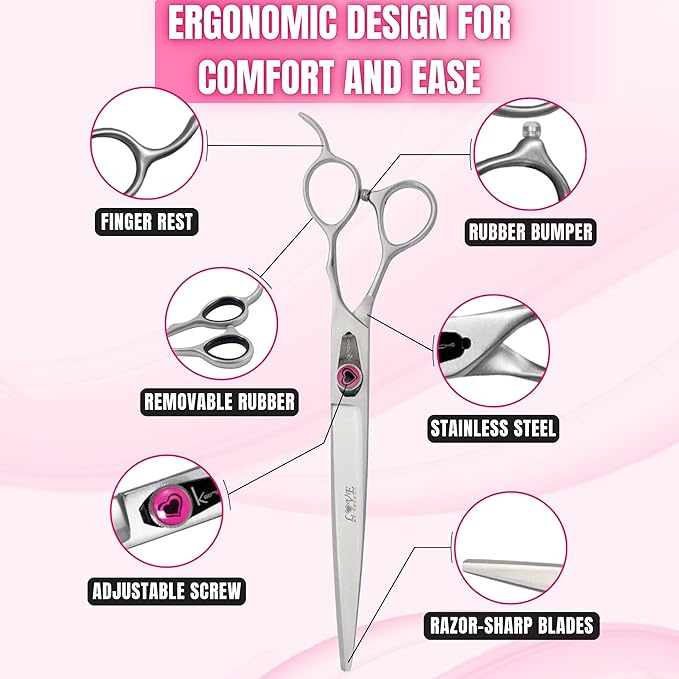 Kenchii Love Dog Grooming Scissors, 8 Inch Straight Shears, Dog Scissors for Grooming, Professional Pet Grooming Scissors, Heavy Duty, Durable and Sharp