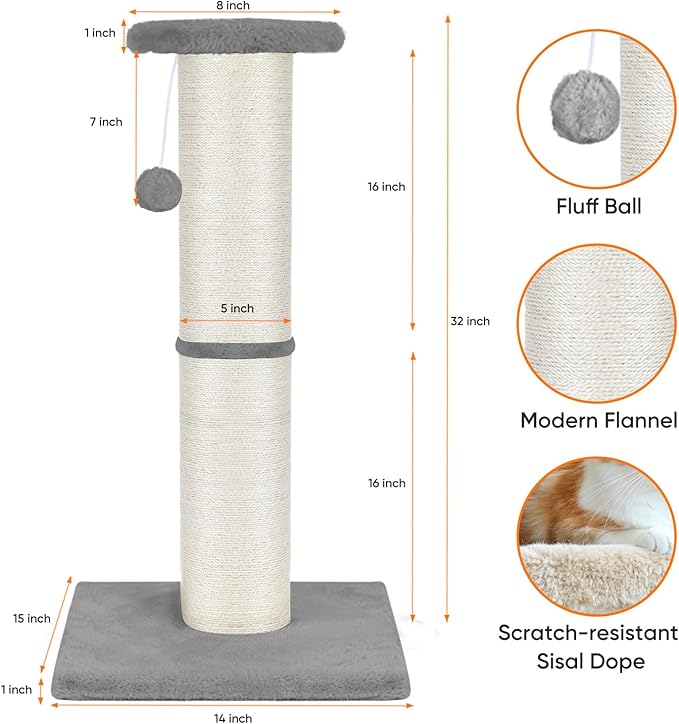 PAWSCRAT Cat Scratching Post 32" Tall, Large Diameter Natural Sisal Cat Scratch Post with Dangling Ball, Scratch-Resistant and Durable for Indoor Cats, Protect Your Furniture, LightGrey
