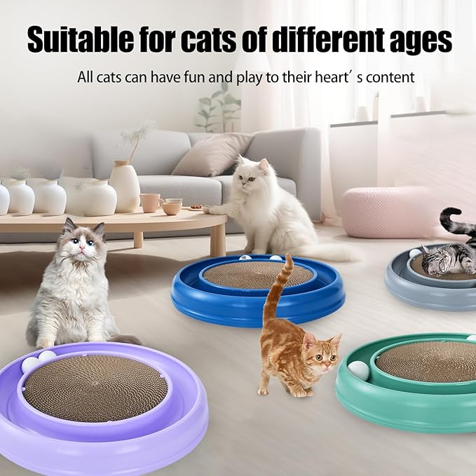 Interactive Cat Scratcher with Two Rotating Balls,Durable Scratch Pad for Indoor Play,Cardboard Cat Scratcher Pad with Cat Toy Ball Track and Catnip,2-in-1 Cat Toy (Purple)