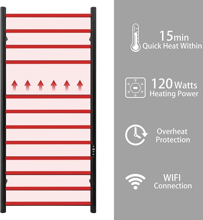 KEG Smart WiFi Towel Warmer Wall Mounted with Built-in Timer and Temperature Adjust Control, 12 Bars Electric Stainless Steel Heated Towel Racks for Bathroom Black