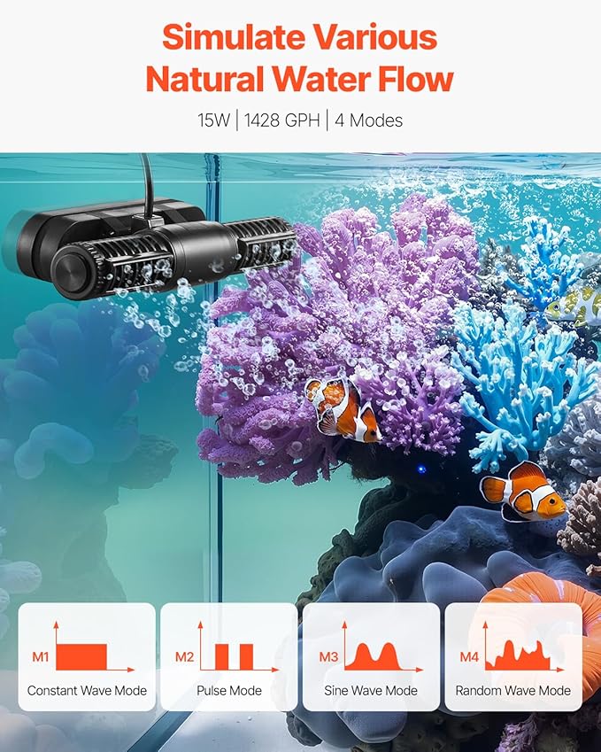 VEVOR Aquarium Wave Maker, 15W, 1428 GPH Adjustable Cross Flow Pump with Controller, Magnetic DC 24V Aquarium Powerhead, Strong Magnetic Base, 360° Rotating Wavemaker, for Saltwater Marine Freshwater