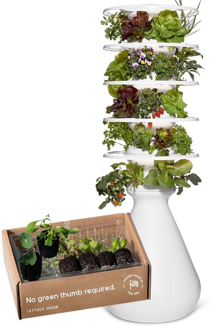 Farmstand Starter Kit with Glow Rings and 30 Seedling Credits | Family Hydroponic Growing System Kit | Vertical Garden Planter Tower | 5ft 5in Tall