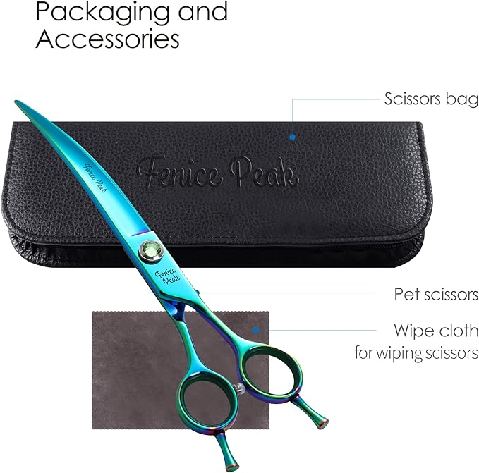 Fenice Peak 7.5'' Green Curved Dog Grooming Scissors Pet Shears with Ergonomic Offest Handle and Simulated Emerald Screw 440C Grooming Scissors Trimming Shears Durable and Sharp