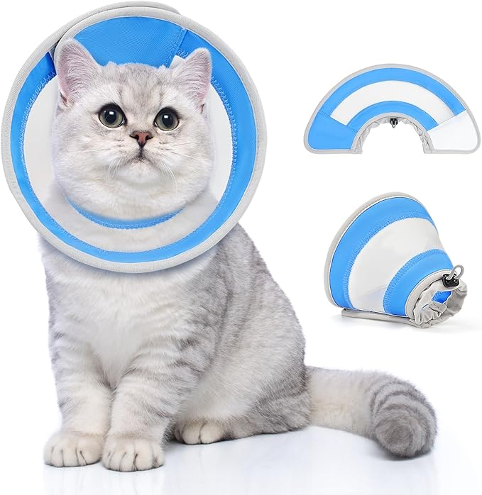 Breathable Air Mesh Cat Cone Collar Soft to Stop Licking, Adjustable, Foldable Lightweight Kitten Cones After Surgery Recovery for Cats & Kittens (Light Blue,L)