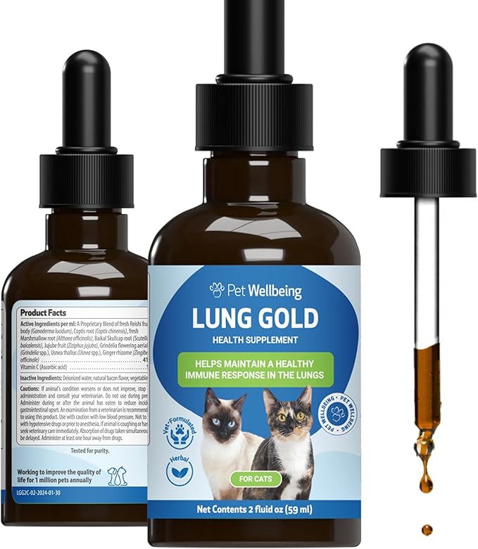 Pet Wellbeing Lung Gold for Cats - Lung Immune Support, Lower Respiratory Health, Open Airways, Normal Breathing, Reishi, Coptis - Veterinarian-Formulated Herbal Supplement - 2 oz (59 ml)