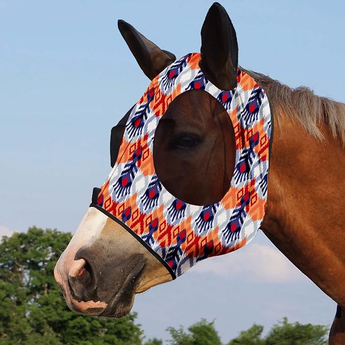 Harrison Howard Super Comfort Stretchy Fly Mask Large Eye Space with UV Protection Soft on Skin with Breathability Tribe Feather Full Size