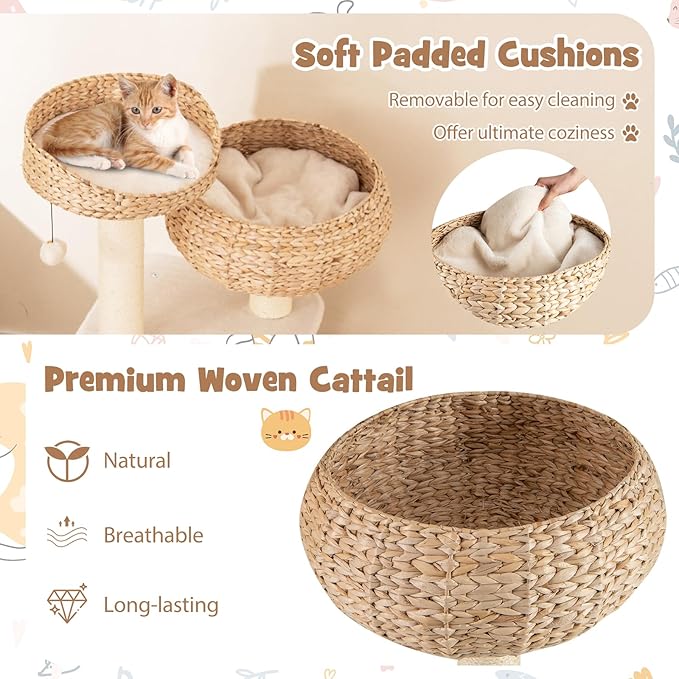 Tangkula Modern Cat Tree, Tall Cat Tower with Natural Sisal Scratching Post, Hand-Made Wicker Cat Condo & Top Perch, Funny Hanging Toy Ball, Cute Cat Tree Tower for Indoor Cats