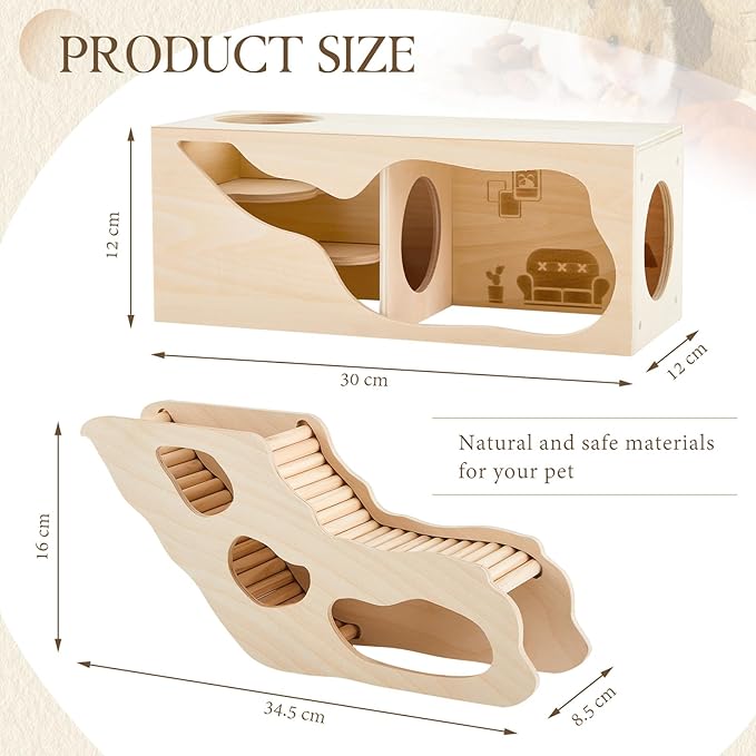 2 Pcs Hamster Houses and Hideouts Hamster Tunnel Set Wood House for Hamster with Climbing Ladder Exploring Tunnel Multi Chamber Maze for Small Animals Pets Gerbils Hedgehogs Rats Mice