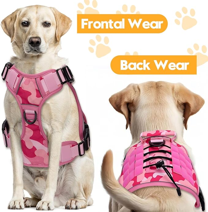 Heavy-Duty Tactical Dog Harness for Large Dogs, No Pull Adjustable Reflective Pet Vest with Molle System, K9 Military-Grade Control for Service Training, Outdoor & 10+ Breeds, Pink Camo, X-Large