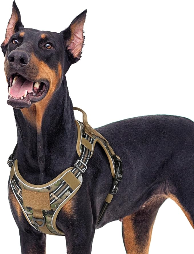 rabbitgoo Dog Harness for Large Dogs No Pull, Tactical Service Pet Vest with Molle and Control Handle, Adjustable and Reflective Military Harness for Easy Walking and Training, Brown camo, XL