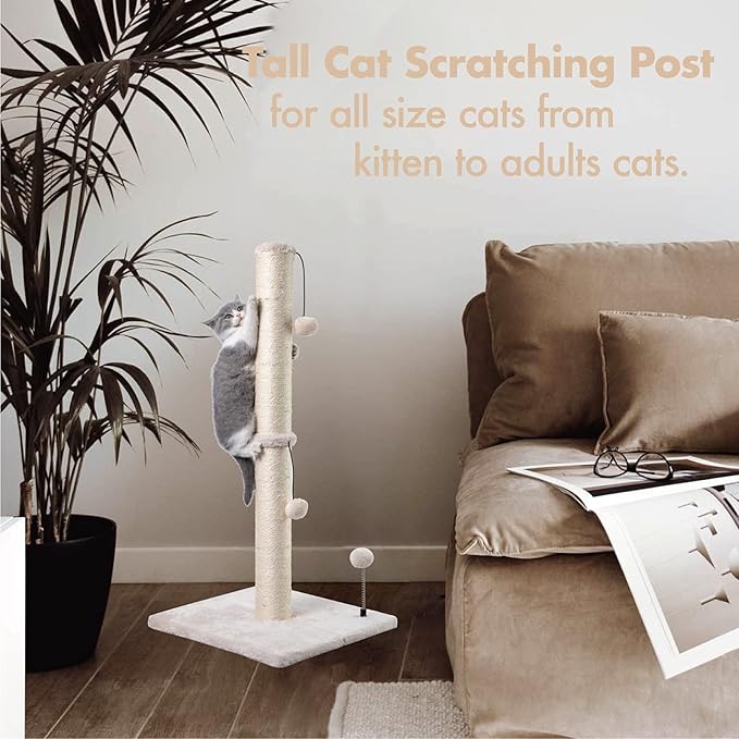 MECOOL 34” Tall Cat Scratching Post Premium Basics Kitten Scratcher Sisal Scratch Posts Trees with Hanging Ball for Indoor Cats, Beige