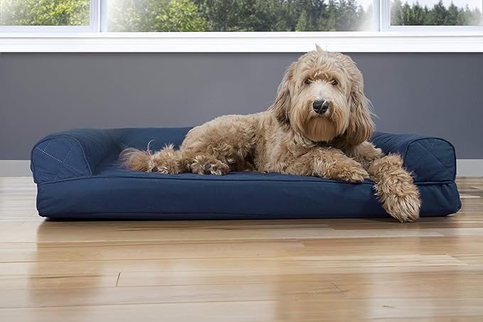 Furhaven Cooling Gel Dog Bed for Large/Medium Dogs w/ Removable Bolsters & Washable Cover, For Dogs Up to 55 lbs - Quilted Sofa - Navy (Blue), Large