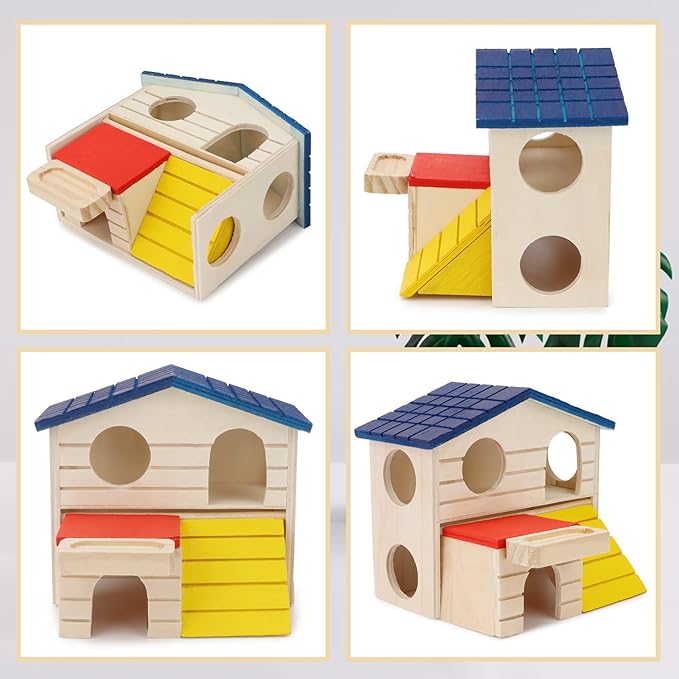 Hypeety Wooden Hamster House Maze Villa Cage for Dwarf Hamsters Gerbils Small Pets Exercise Climbing Toy Platform Multi-Level Hideout 6.1x2.95x5.9inch Blue