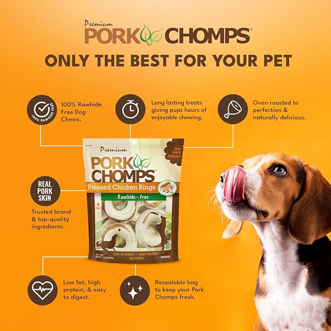 Pork Chomps Pressed Pork Skin Dog Chews, 2.5-inch Rings, Real Chicken, 8 Count