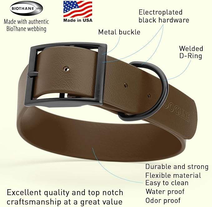 Dogline Biothane Waterproof Dog Collar Strong Coated Nylon Webbing with Black Hardware Odor- Proof for Easy Care Easy to Clean High Performance Fits Small Medium or Large Dogs, Dark Chocolate Brown