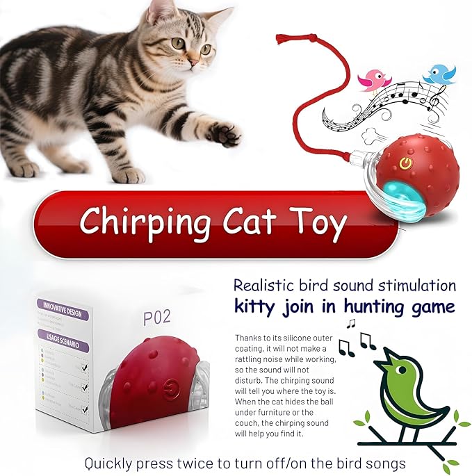 2-Pack Interactive Cat Toys Ball - 2025 New Gen with Smart Obstacle Avoidance,Bird Chirps & Auto Wake-Up,Includes 2 Speedy Tail 2.0 Ropes, Ideal Kitten Toys for Bored Indoor Cats (Red & Blue)