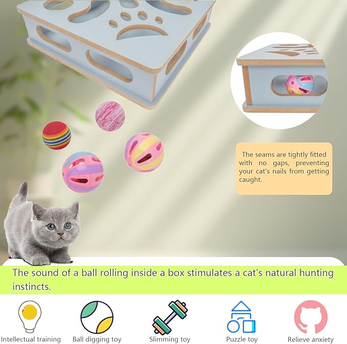 Interactive Wooden Cat Puzzle Toy Box Indoor Hunting Play Toy to Stimulate Your Cat’s Energy and Instincts (Blue)
