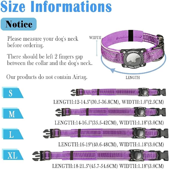 Upgraded AirTag Dog Collar, IP68 Waterproof Dog Collar with Apple Air Tag Holder, Reflective Adjustable Heavy Duty Dog Collars with Soft Padded for Small, Medium and Large Dogs,Purple, L