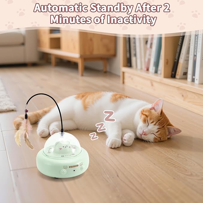Automatic Cat Toys with Feathers, Interactive Cat Toy for Indoor Exercise, Rechargeable Teasing Toys for Indoor Cats, USB Powered, Smart Standby&Obstacle Avoidance(Green)