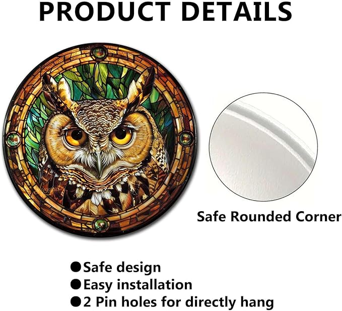 Lygond Metal Sign Tin Sign Circular Stained Glass Owl Home Deccor Store Home Decor for Patio 12×12 Inches
