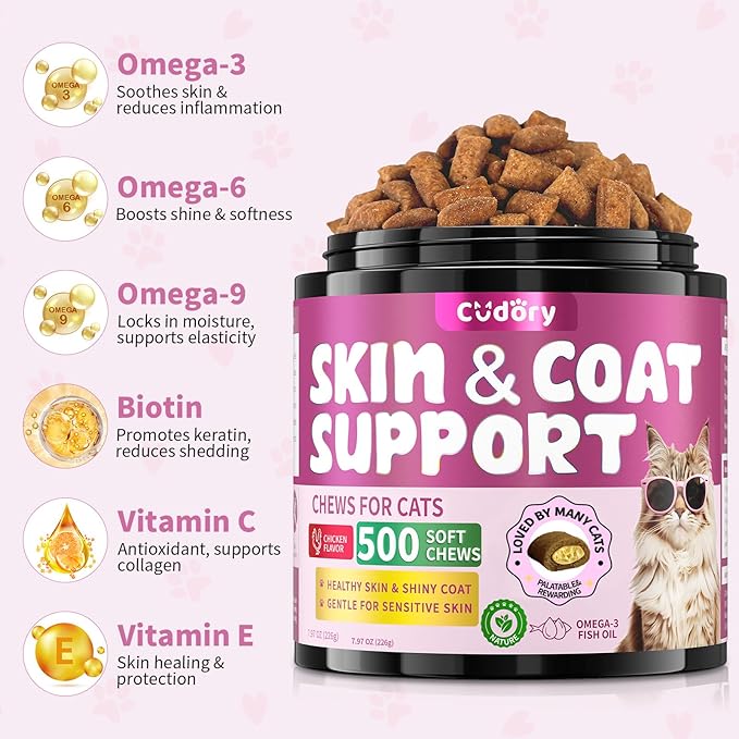 Natural Skin and Coat Support for Cats - Crunchy & Creamy Chews with Omega 3, Biotin & Vitamin E for Healthy Skin, Shiny Fur, Cat Supplements & Vitamins -Chicken（500 Chews