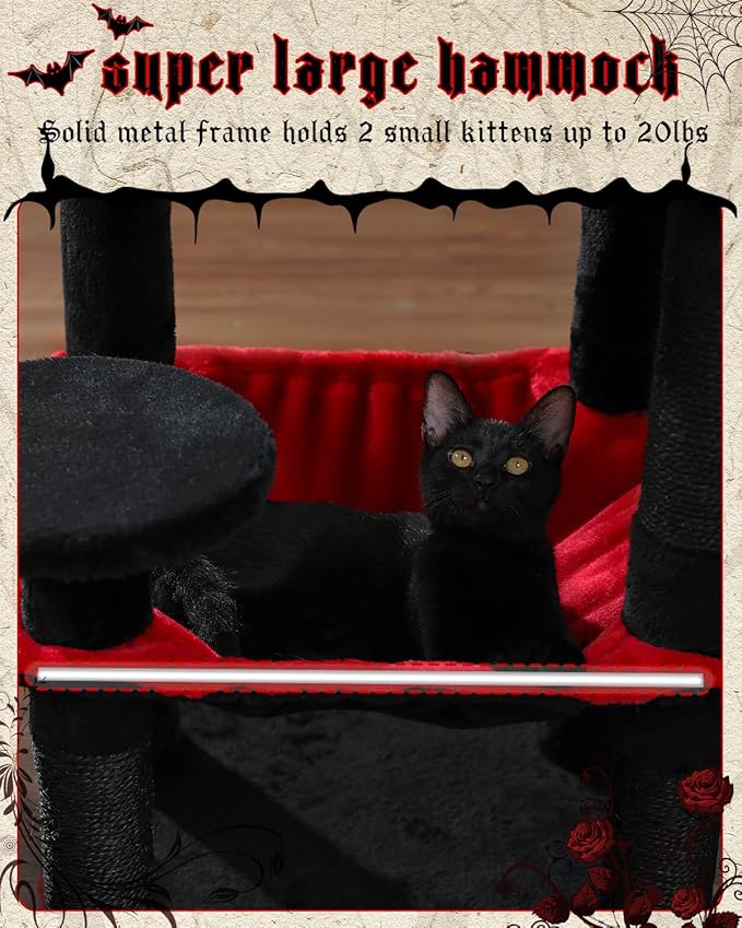 Gothic Cat Tree with Super Large Hammock, 45.7" Black Cat Tower with Coffin Bed, Cat Condo, Sisal Scratching Posts & Top Perch, Multi-Level Goth Cat Tree, Halloween, Black