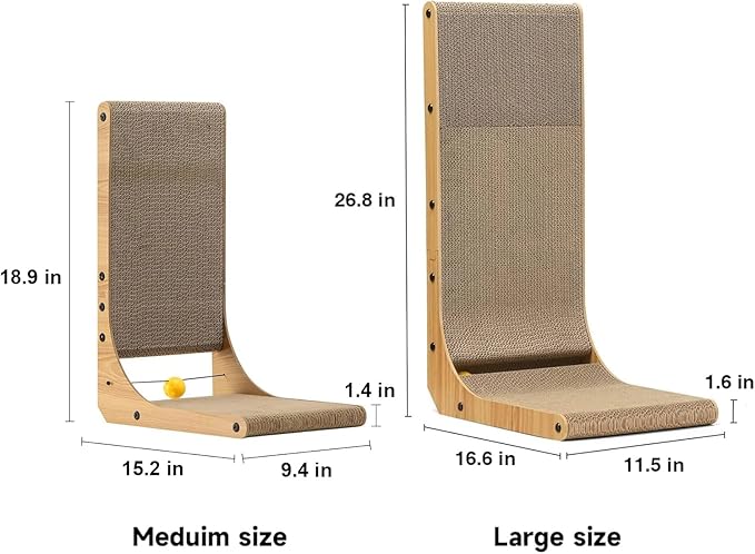 FUKUMARU Cat Scratcher, 18.9 Inch L Shape Cat Scratch Pad, Vertical Cat Scratcher Wall Mounted, Cat Scratching Cardboard with Ball Toy for Indoor Cats