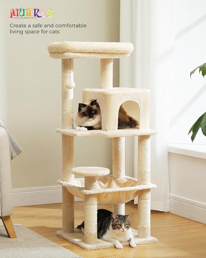 Cat Tree for Indoor Cats, 45.7" Multi-Level Cat Tower with Large Metal Frame Hammock, Cat Condo with 4 Scratching Posts and Top Perch for Small Medium Cat, Beige