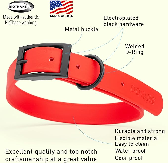 Dogline Biothane Waterproof Dog Collar Strong Coated Nylon Webbing with Black Hardware Odor- Proof for Easy Care Easy to Clean High Performance Fits Small Medium or Large Dogs, Cherry Red