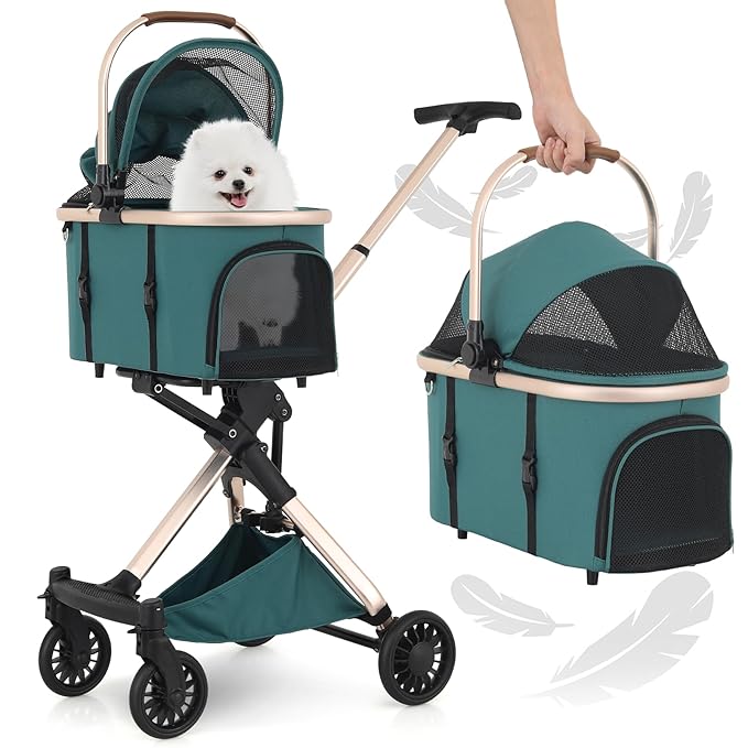 MoNiBloom 3 in 1 Pet Stroller with Adjustable Handle, Jogging Stroller w/Detachable Carrier & Lightweight Aluminum Frame for Dogs Cats, Hunter Green