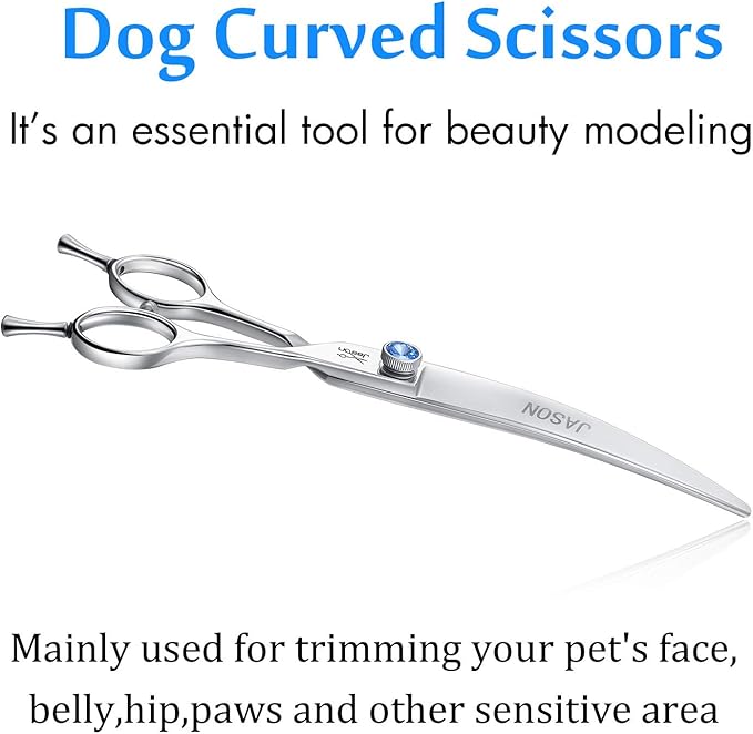 JASON 7" Curved Dog Grooming Scissors, Ergonomic Pets Cats Trimming Shears with Offset Handle and a Jewelled Screw for Right Handed Groomers, Sharp, Comfortable