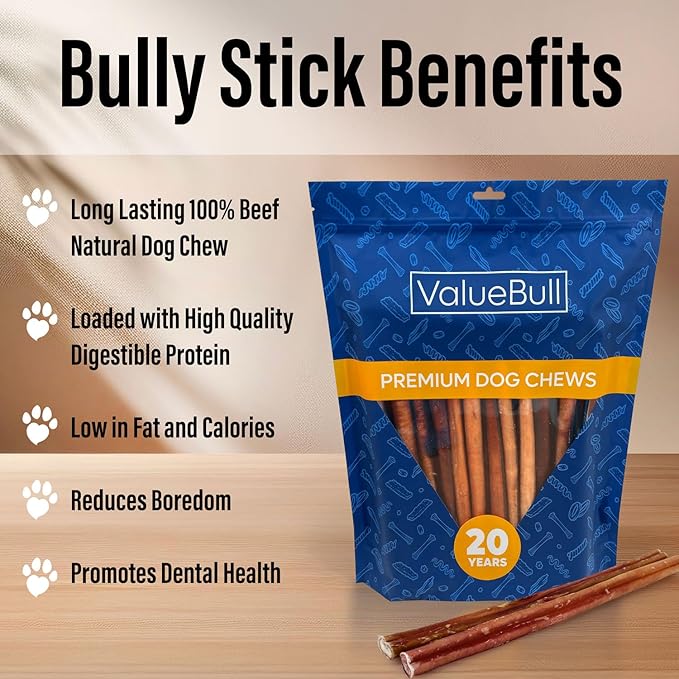 ValueBull Bully Sticks for Dogs, Thick 12 Inch, 200 Count Wholesale Pack - All Natural, Grass Fed, Single Ingredient, Long Lasting Dog Treats