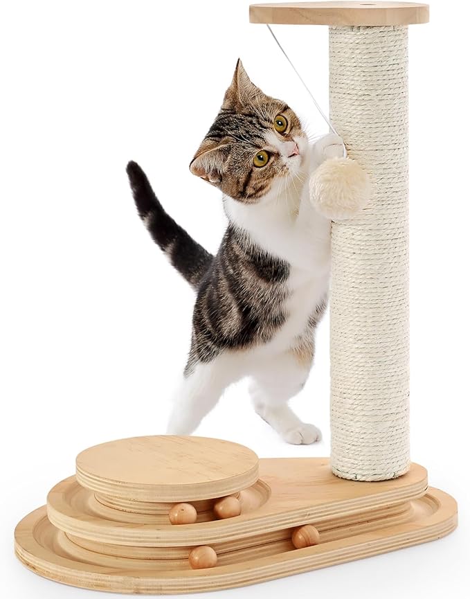 Made4Pets Cat Scratching Post Cat Scratcher Kitten Toys for Indoor Cats Wooden Ball Track Two-Layer Modern Sisal 17.7" Tall Scratch Post Interactive Toy with Dangling Ball