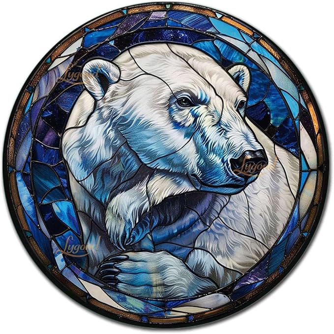 Lygond Metal Sign Tin Sign Circular Stained Glass Polar Bear Minimalist Wall Art for Gift 12×12 Inches