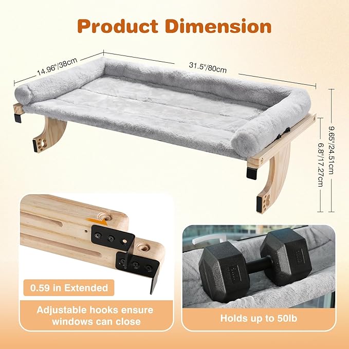 Oversized Cat Window Perch, 31.5 x 14.96 in, Cat Window Hammock with Plush Bolster for Large Felines and Multi Felines, Adjustable Cats Bed for Windowsill, Bedside, Cabinet & Drawer (Gray)