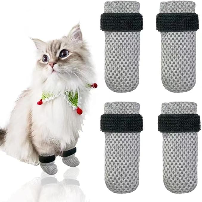 4 PCS Cat Mittens to Prevent Scratching,Mesh Breathable Cat Shoes,Adjustable Cats Anti Scratch Gloves,Suitable for Cats When Bathing and Nail Trimming(M,Grey)