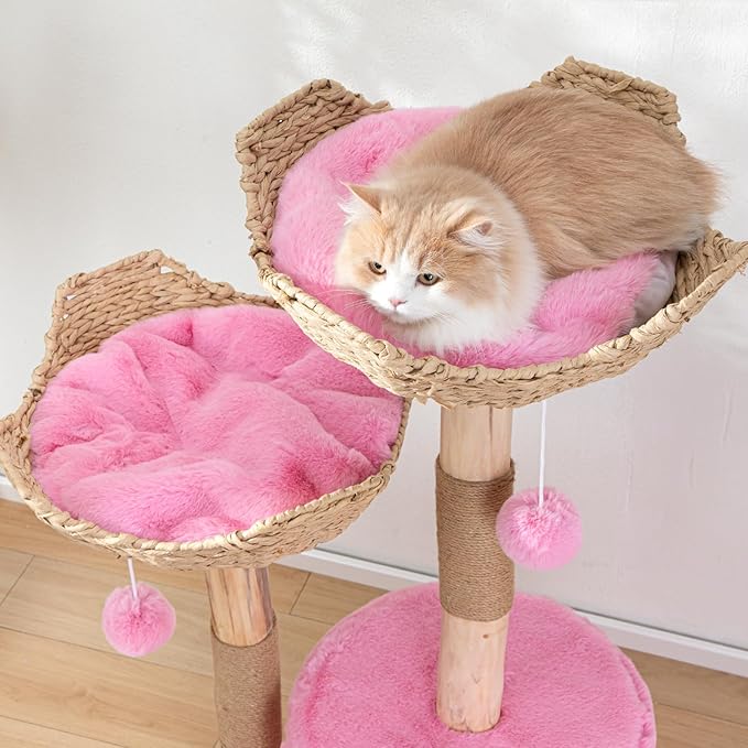Modern Cat Tree for Indoor Cats, Large Adult 46" Tall, Wooden Cat Tower with Scratching Post, Luxury Cat Condo, Pink