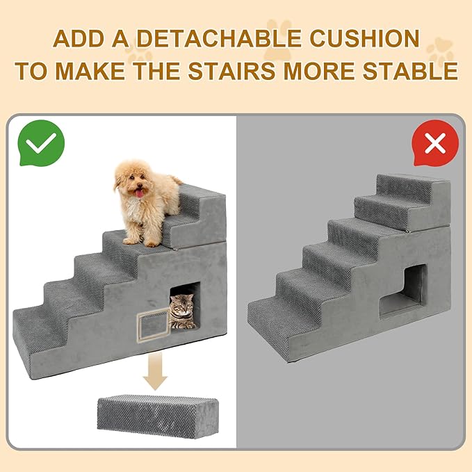 Dog Stairs for Small Dogs 27”H, 6-Step Dog Steps for High Bed, High-Density Foam Pet Stairs with Non-Slip Removable Washable Cover to Get on Bed(Grey)
