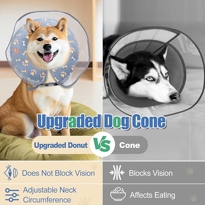 Inflatable Dog Cone Collar, Adjustable Size Soft PVC 2-in-1 Dog Donut Collar After Surgery with Detachable, Inflatable Collar for Small Medium Large Dogs and Cats (Grey, Medium)