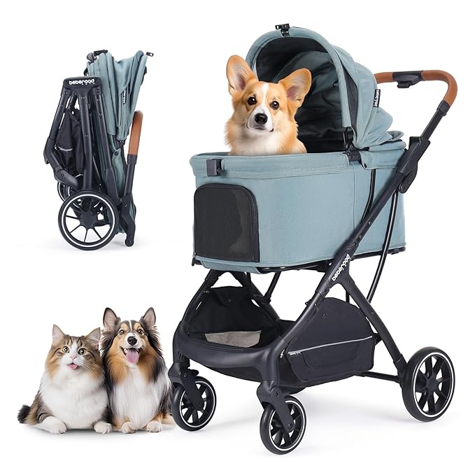 T5 Luxury Pet Stroller for Medium Dog Under 60lbs or 2 Small Dogs & Cats with 180 ̊Canopy, Sun Shades, Auto-Folding Stroller for Multiple Pets (Green)