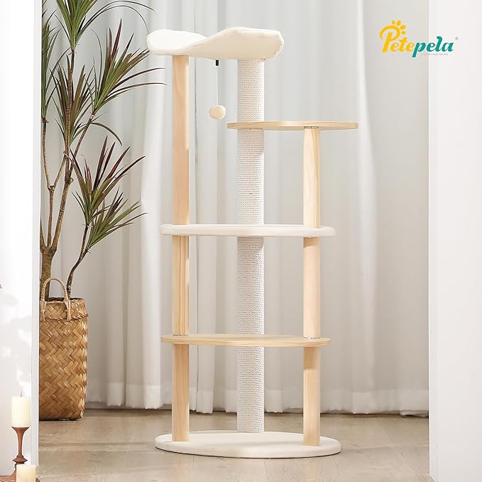 PETEPELA Wood Cat Tree Tower for Indoor Cats,5-Level Cat Climbing Tree Cat Play House with Sisal Scratching Posts Beige