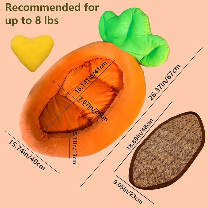 Rabbit Bed,Thick&Soft Bunny Bed with Removable Cushion,Machine Washable with Rattan Mat & Heart Decor,Cozy Warm Small Animal Sleeping Beds (Carrot Shape-L)