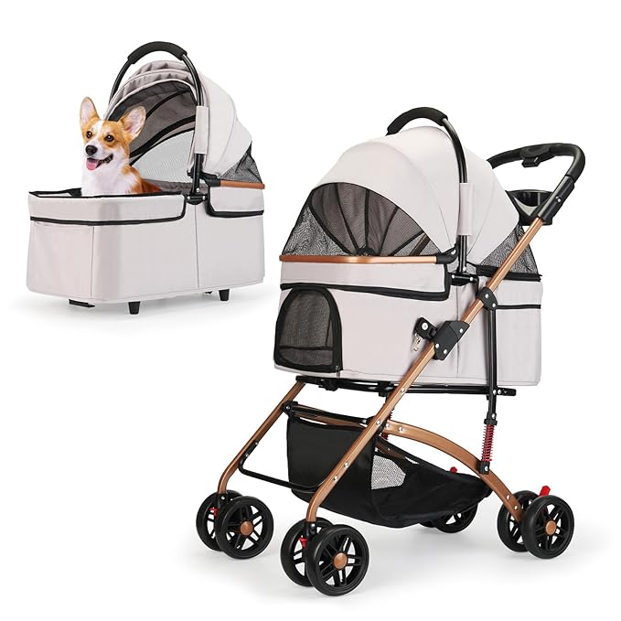 3-in-1 Foldable Pet Stroller for Medium Dogs & Cats (50lbs) - Detachable Carrier, Car Seat, Storage Basket, 5" Lockable Wheels