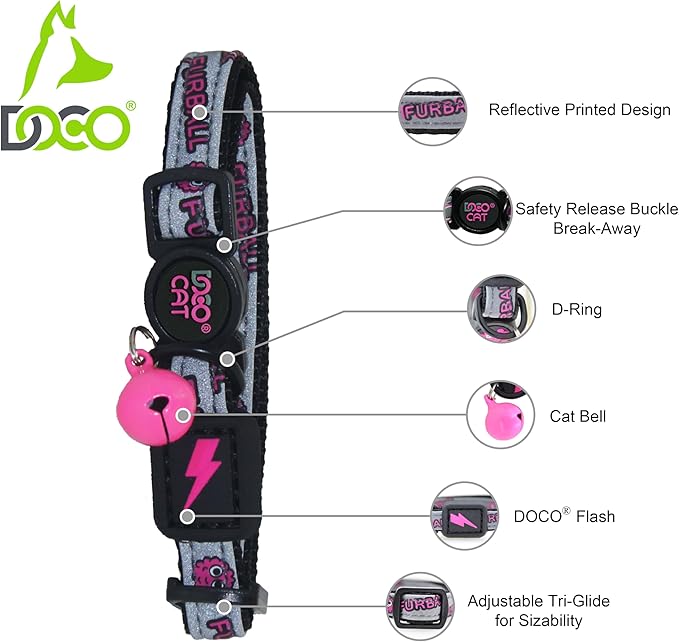 DOCO Cat Collar (Neck Girth - 3/8" x 7.5-12", Weight Upto - 13lb) Reflective Cat Collar with Bell, Breakaway Safety Buckle, Adjustable Nylon Strap for Kittens & Adult Cats (Red)