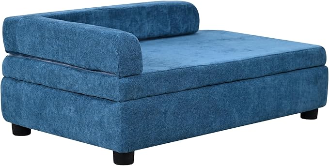 AFBKSS&BB Pet Sofa with Hidden Storage for Puppy and Cat,Linen Fabric Dog Sofa,Cat Couch with Wooden Frame (Blue)