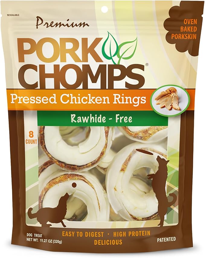 Pork Chomps Pressed Pork Skin Dog Chews, 2.5-inch Rings, Real Chicken, 8 Count