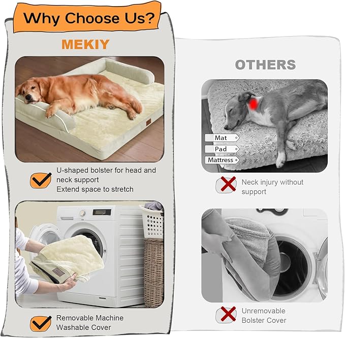 Large Dog Bed Orthopedic Washable: Extra Large Big Dog Bed with Removable Bolster & Memory Foam Couch Sofa - Waterproof Washable with Cover