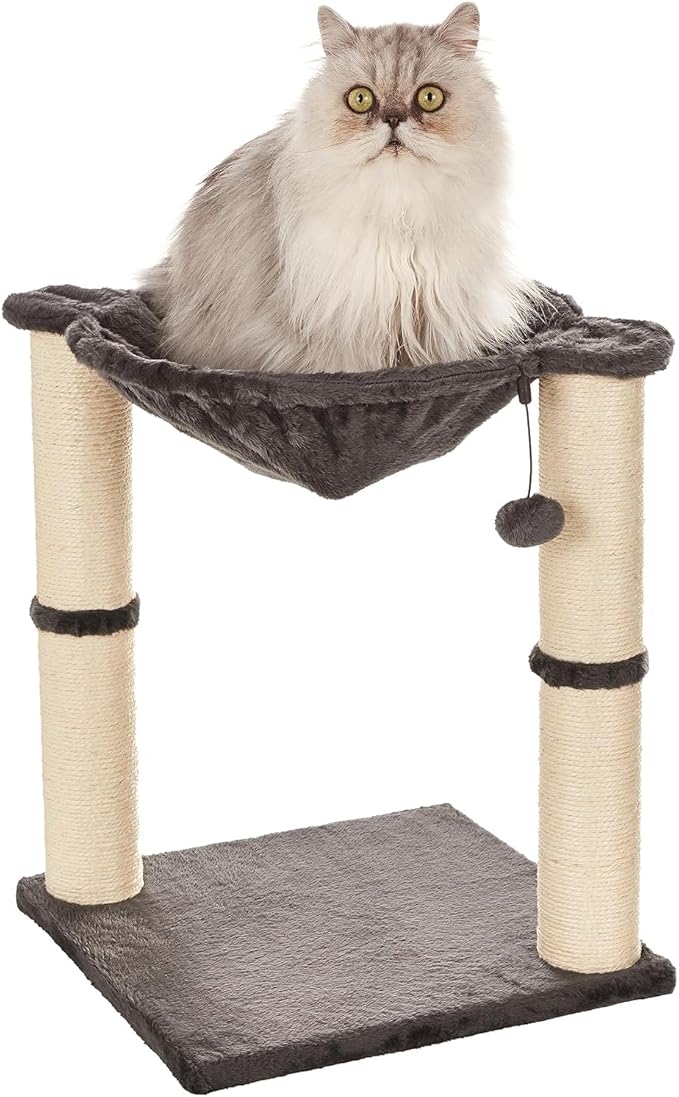 Amazon Basics Cat Condo Tower with Hammock Bed and Scratching Post,Easy to Assemble,Plush Hammock,Interactive Hanging Ball, Durable Sisal Scratch Posts for Indoor Cats, 15.8 x 15.8 x 19.7 Inches, Gray