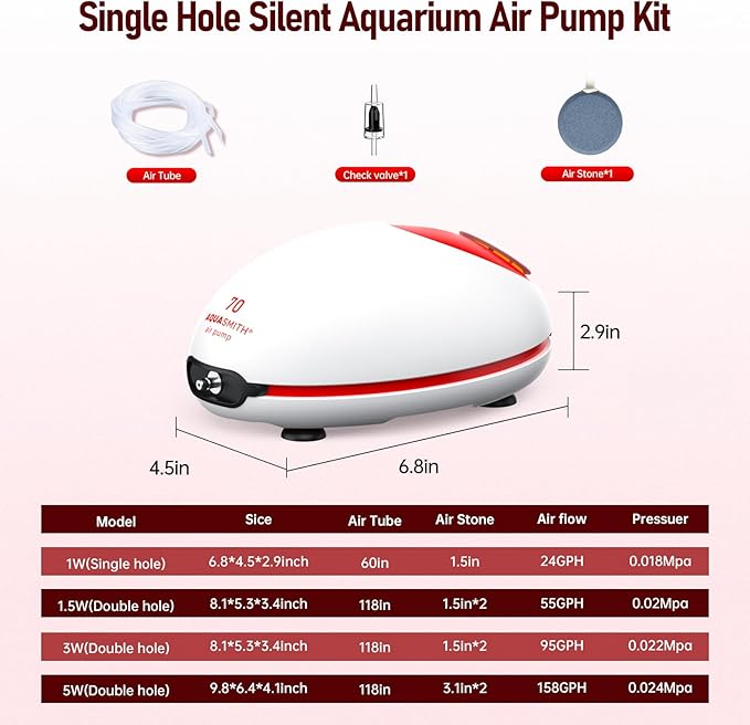 1w Ultra Quiet Aquarium Air Pump, Aquarium Aerator Adjustable Airflow, Single Hole Suitable for 20 to 40 GPH Fish Tank
